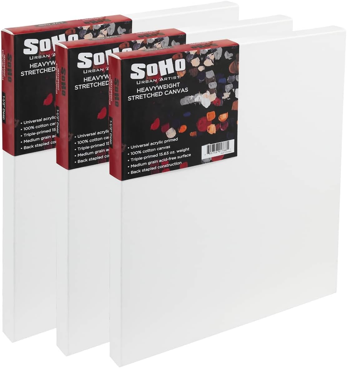 SoHo Urban Artist, 22x28 Heavyweight Stretched Cotton Canvas for Painting - 1.5" Deep- 3 Pack, Triple Primed, 100% Cotton Canvas, Archival, Universal Primed for Oil, Acrylic, Alkyd, Mixed Media