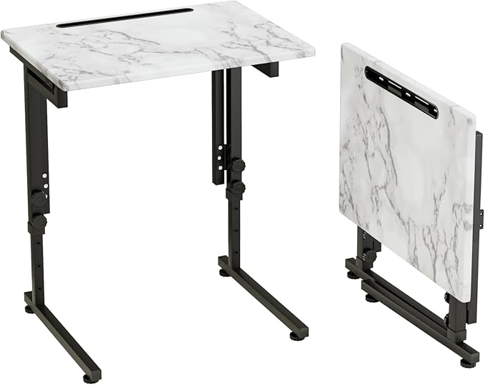 Fleecy day TV Tray, Folding TV Dinner Table, Adjustable Small C-Shaped End Tray for Eating, Foldable Slide Under Couch Side Table for Recliner, Living Room, Bedroom,No Assembly Required(White Marble)