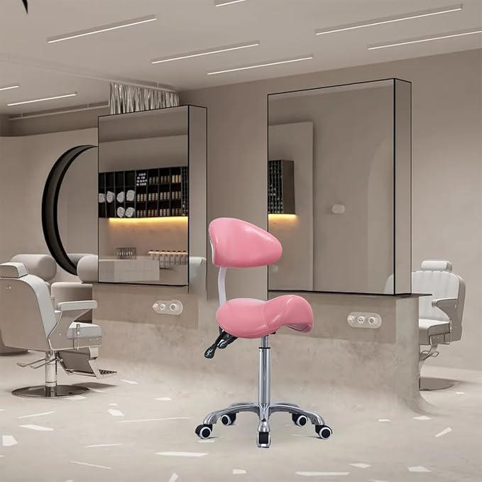 Saddle Stool Rolling Chair with Back Support,Esthetician Tattoo Dental Lash Chairs for Eyelash Tech Massage Salon(Pink,with Backrest)