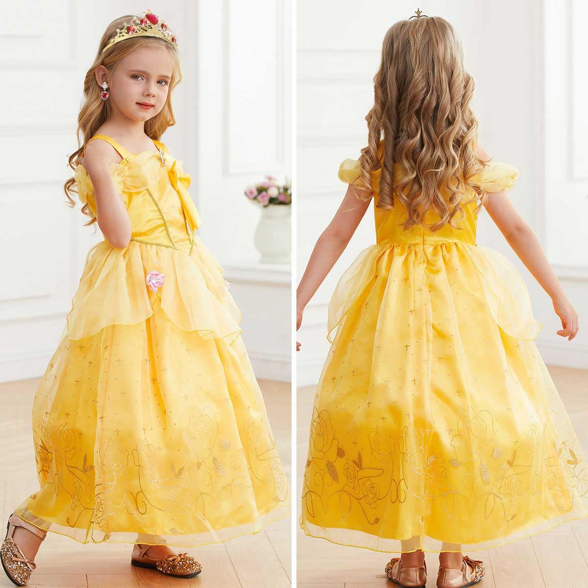 Luzlen Princess Costume for Girls Kids Belle Dress Halloween Cosplay Party Outfit Toddler Princess Dress Up, 5-6 Years(Label 130)