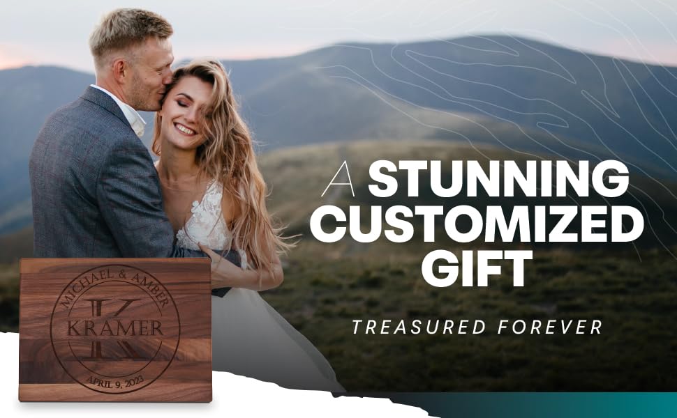 Blue Ridge Mountain Gifts - Personalized Wood Cutting Board with Gift Box, Stand, and Oil Included Laser Engraved Anniversary or Wedding Gift for Her Birthday Mom Dad Present