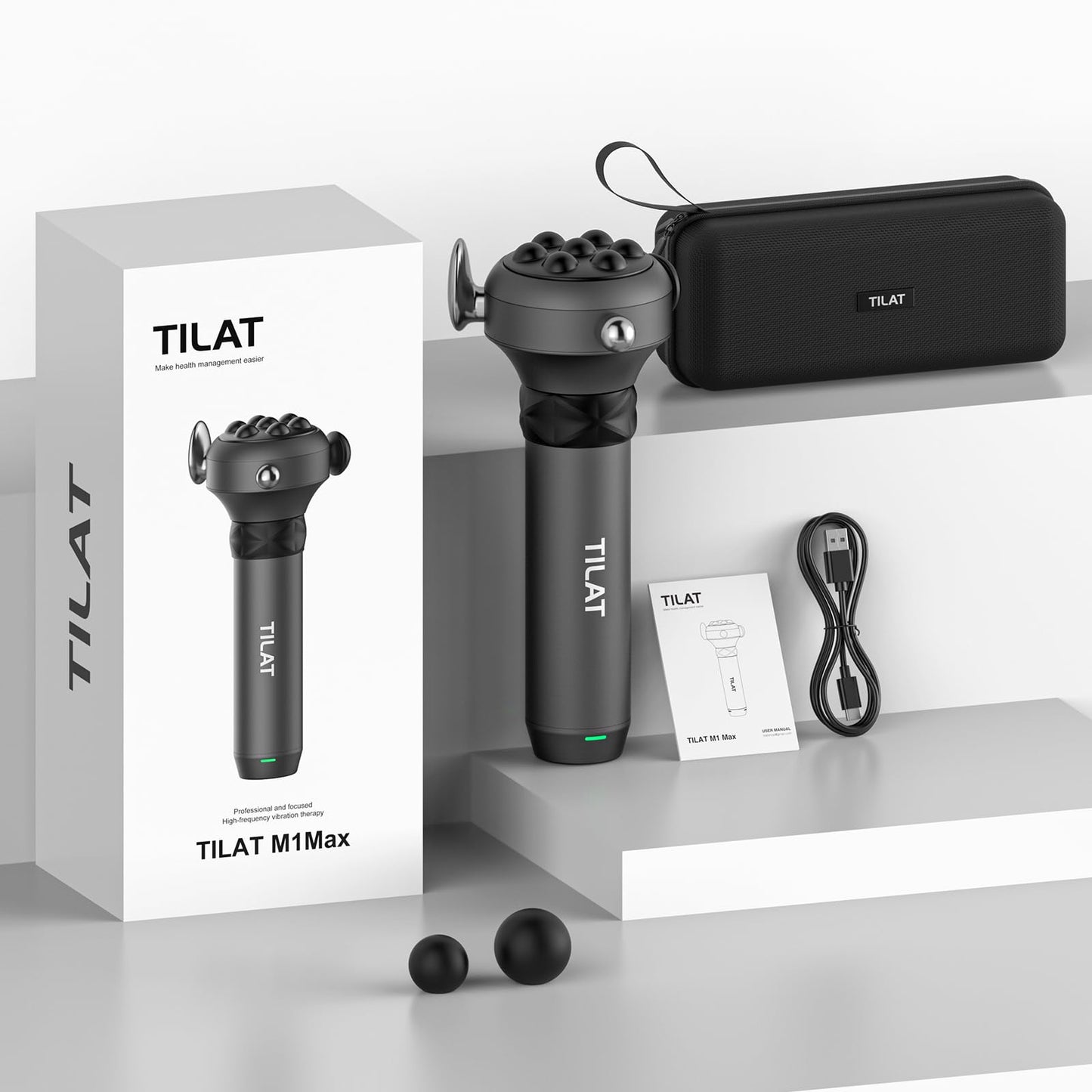TILAT Massager Gun Deep Tissue, Cordless Vibrating Muscle Massage Gun - Handheld Quick Release Massager for Back, Neck and Fascial Binding - Targetred Trigger Point Therapy Massage Gun, Gray Max
