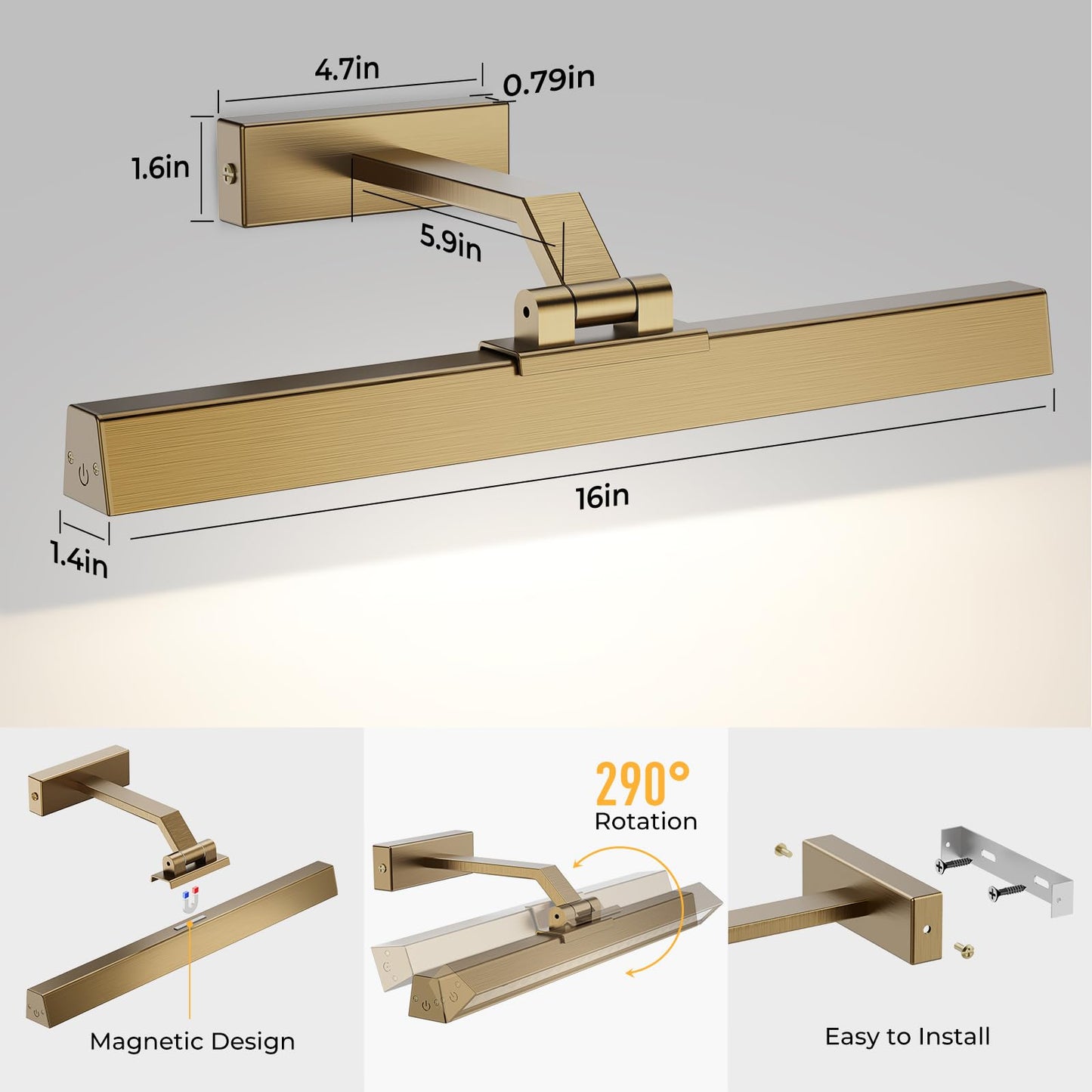 Afyuol Picture Lights for Wall, Brass Battery Operated Picture Light 16in Art Light CCT Dimmable Recharging Battery Wall Light with Remote Control for Living Room Gallery