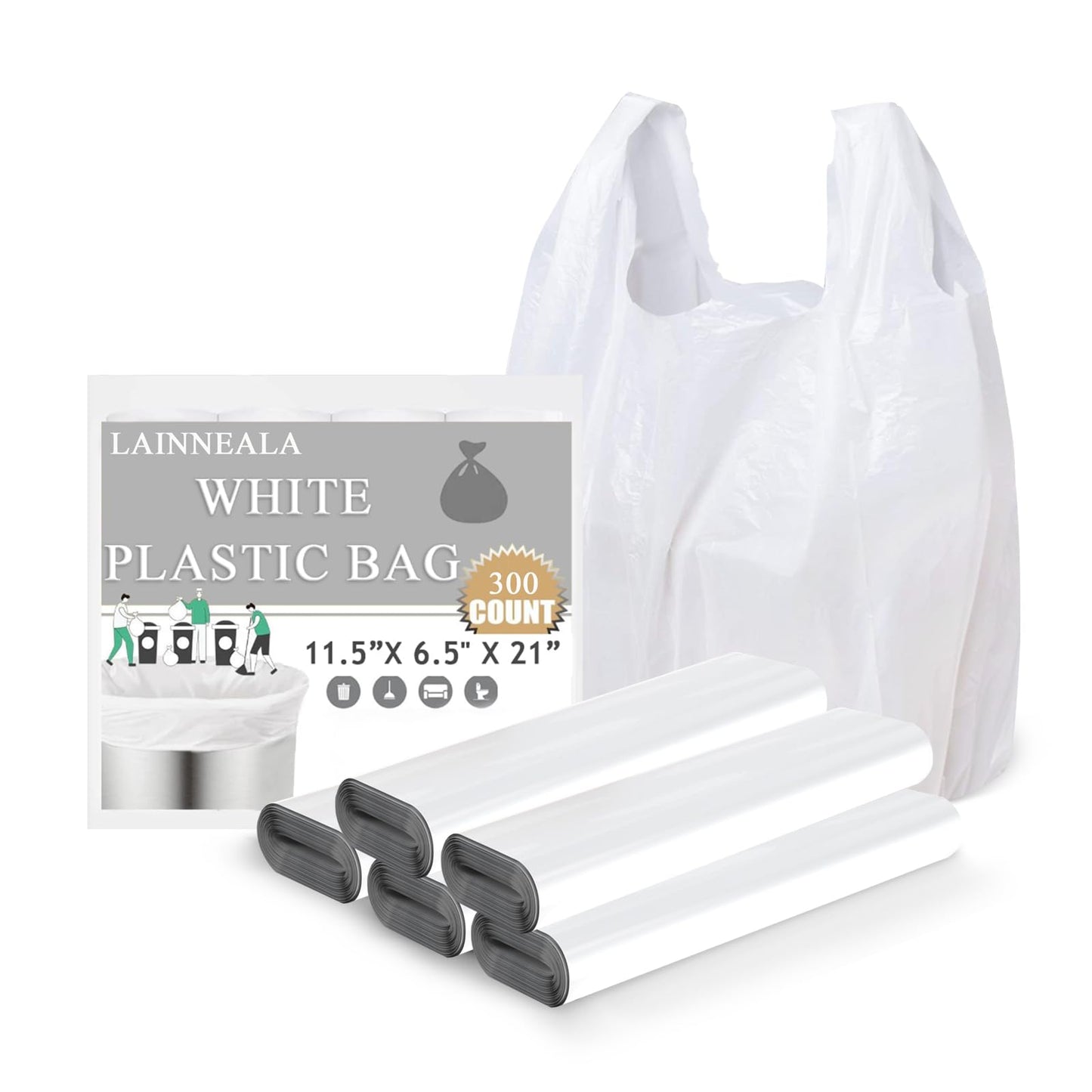 LainNeala Plastic Bags, 300 Count T Shirt Bags, Plastic Bags With Handles For Shopping, White Plastic Grocery Bag For Small Business (11"x 6"x 21"), Recyclable
