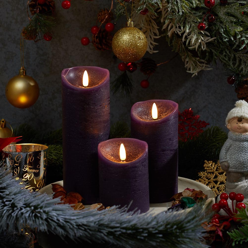 glowiu Flameless Candles with Remote LED Candles Set of 3, Battery Operated Candles for Party Home Wedding Holiday Birthday Decor (H 4" 6" 8" x D3) (Purple)