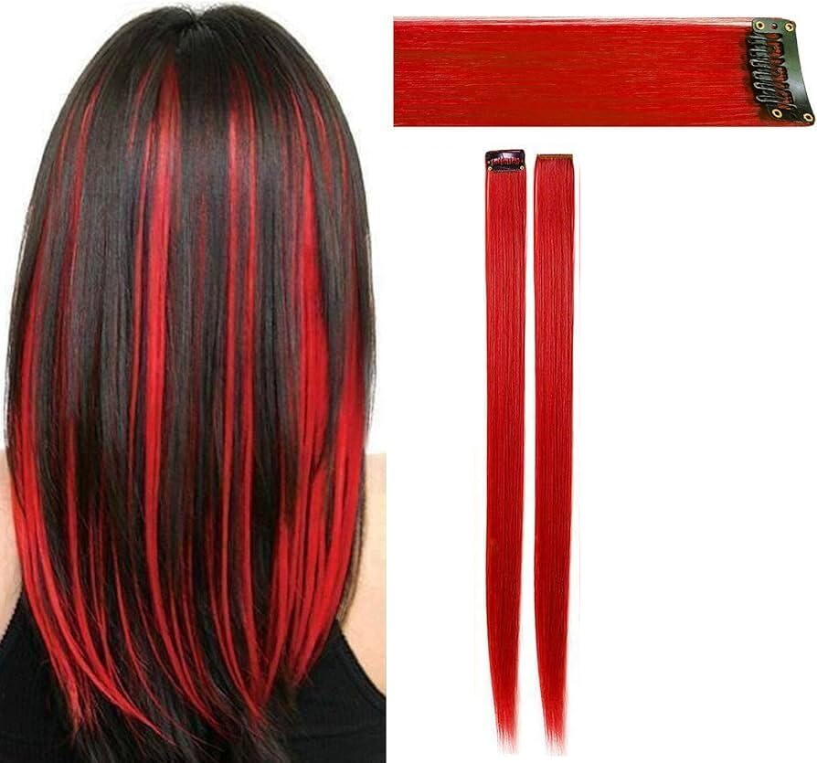 Clip In Colorful Long Hair Extension Hair Highlights Hair Streaks (Red - Straight - 2 PCS)