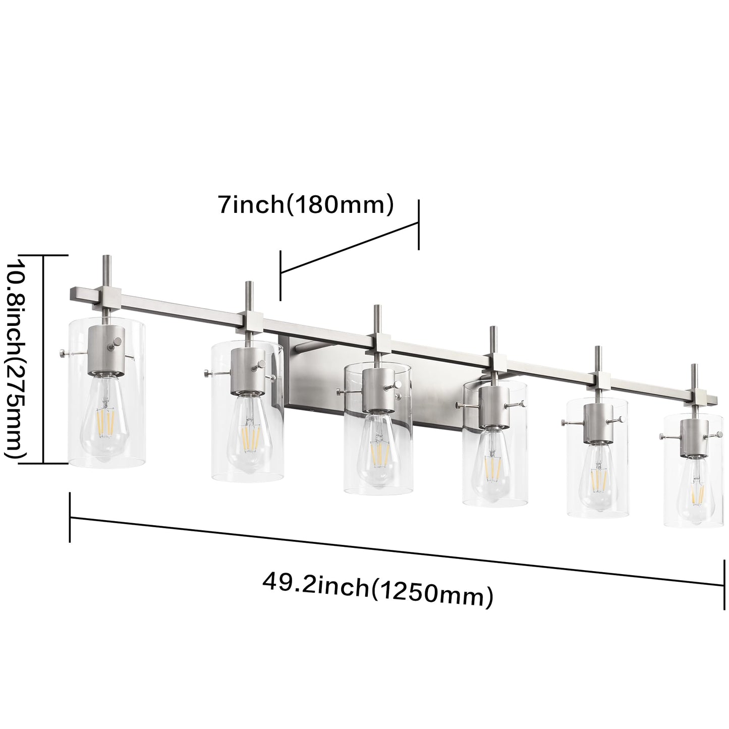 SOLFART 49.2 inch 6 Lights Vanity Light fixtures for Bathroom Vintage Bathroom Light Fixture Brushed Nickel Light Fixtures Above Mirror with Glass Shade (Exclude Bulb)