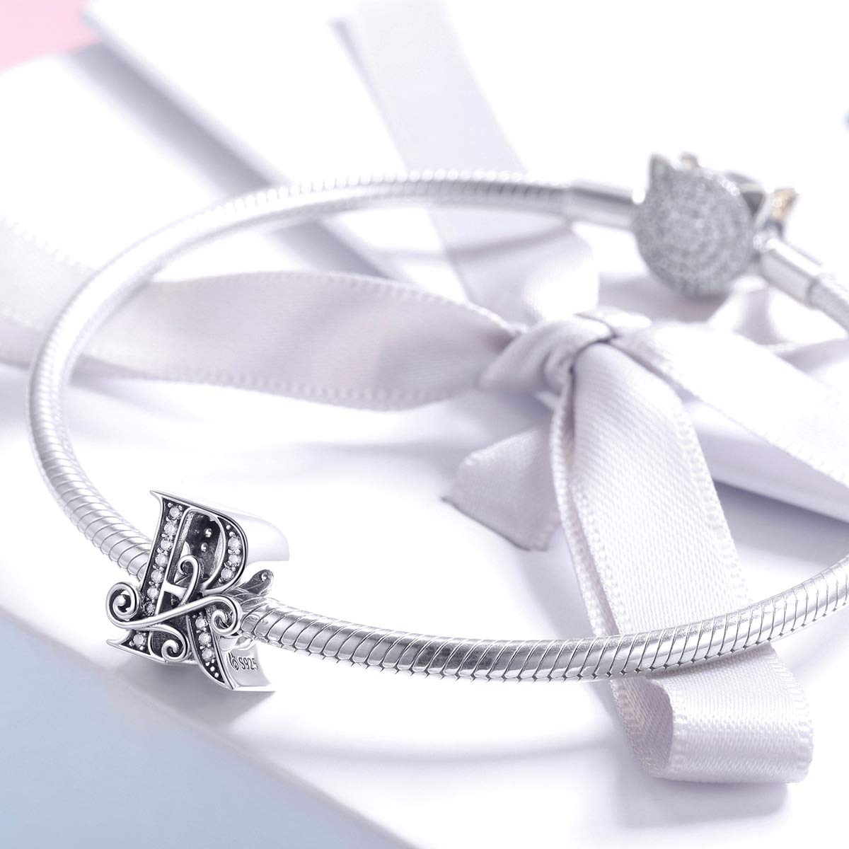 BISAER 925 Sterling Silver Initial Letter R Charms for Bracelets Alphabet Beads Charm Jewelry Gifts
