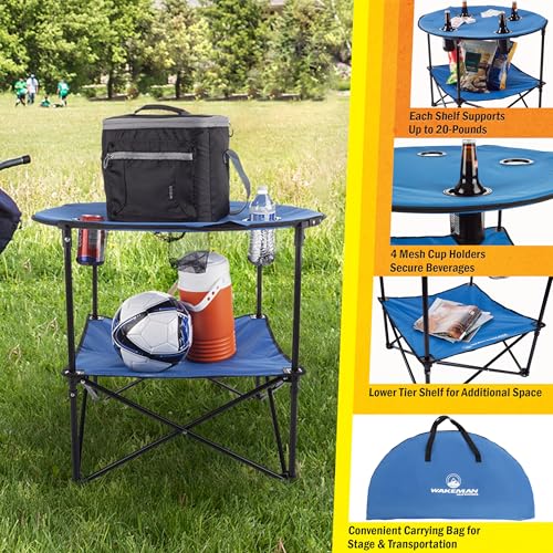 Wakeman Camp Table - Round 2-Tier Folding Table with 4 Cupholders and Carrying Bag - for Camping, Beach, Picnic, Sporting ...