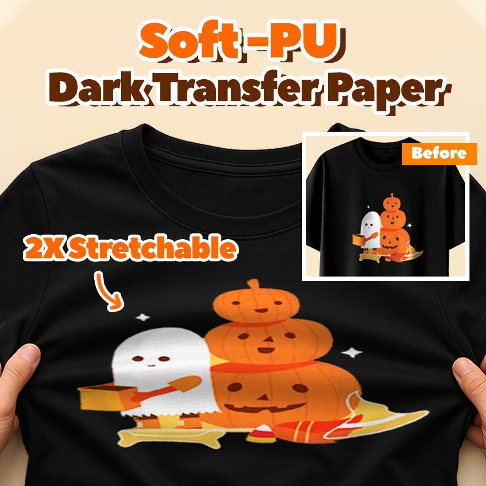 TranSmile PU-Heat Transfer Paper for Inkjet Printer (40 Sheets, 8.5x11", Dark) Iron on Transfers for Dark Fabric, Printable Heat Transfer Vinyl for T Shirts, Vibrant & Washable