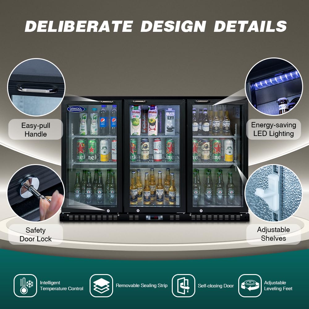 11.3 Cu.Ft Beverage Refrigerator,3 Glass Door Display Commercial Refrigerators with LED and Adjustable Shelves,Door Lock & Easy-pull Handle,480 Cans Beverage Refrigerators for Beer Wine Drink,Black