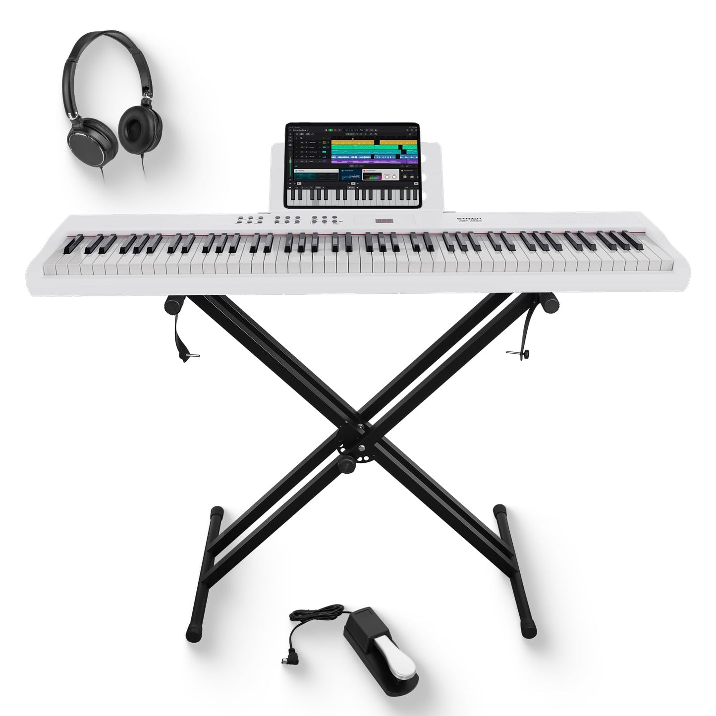 STRICH 88 Key Digital Piano Full Size Electric Keyboard with Stand, Semi-Weighted Sensitive Keys, Portable Electric Piano Set, Bundle with Sustain Pedal, Headphones, Music Rest, White, SEP-150S