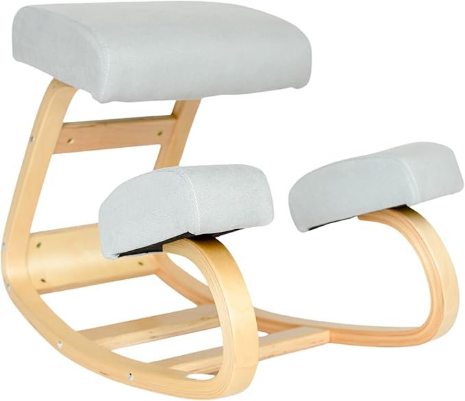 Sleekform Ergonomic Kneeling Chair - Home Office Rocking Desk Ergonomic Stool for Active Sitting, Posture Corrector Chair for Office and Home - (Blue Fabric Cushions) Natural Birch Wood