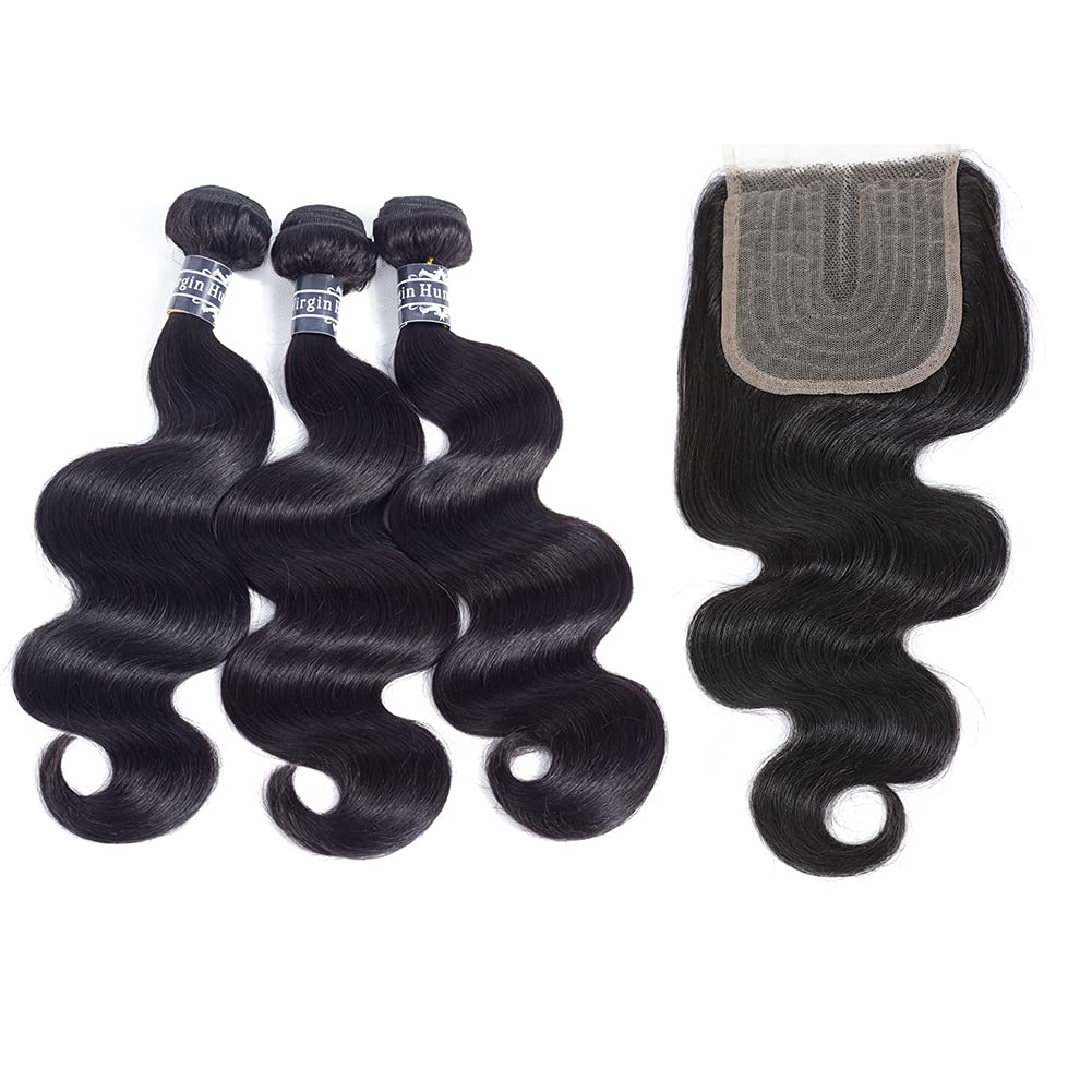 Amella Hair Brazilian Virgin Remy Body Wave Bundles with T Part Closure 4x0.75 Middle Part(20 22 24+16) 8A Body Wave Human Hair