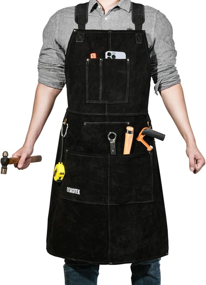 LeaSeek Leather Welding Apron - Flame and Heat Resistant Bib Apron with 6 Pockets
