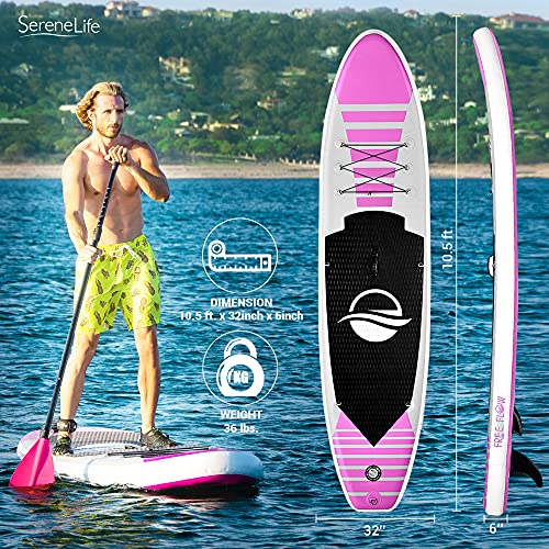 SereneLife Inflatable Stand Up Paddle Board (6" Thick), Pink & Universal Paddle-Board Seat - Adjustable Paddle Board Seat