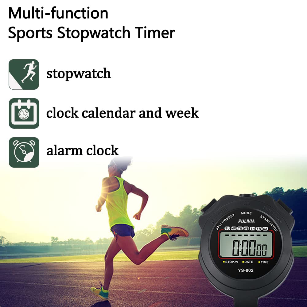 PULIVIA Sports Stopwatch Timer, Single Lap Split Digital Stop Watch for Sports Kids Coaches Swimming Running, Black