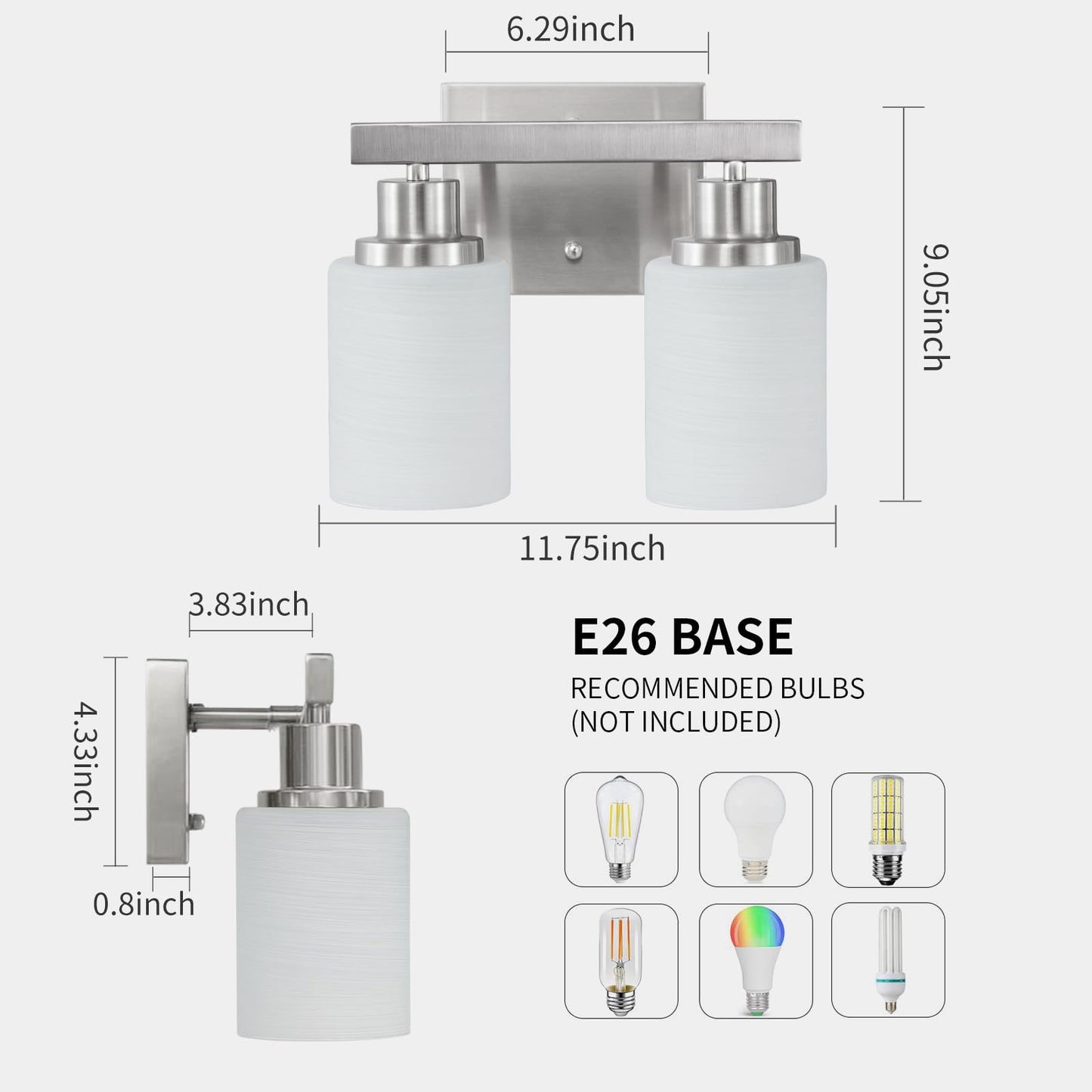 DIKAIDA Bathroom Light Fixtures Over Mirror, 2-Light Modern Nickel Vanity Lights with White Glass Shade, Bathroom Wall Lamp Sconces for Mirror Bedroom, Living Room Hallway Small Space