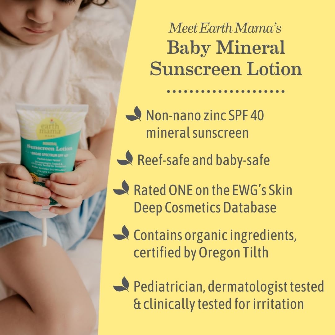 Earth Mama Baby Mineral Sunscreen Lotion SPF 40 | Reef Safe, Non-Nano Zinc, Natural Water Resistant Sun Cream for Babies, Kids &
