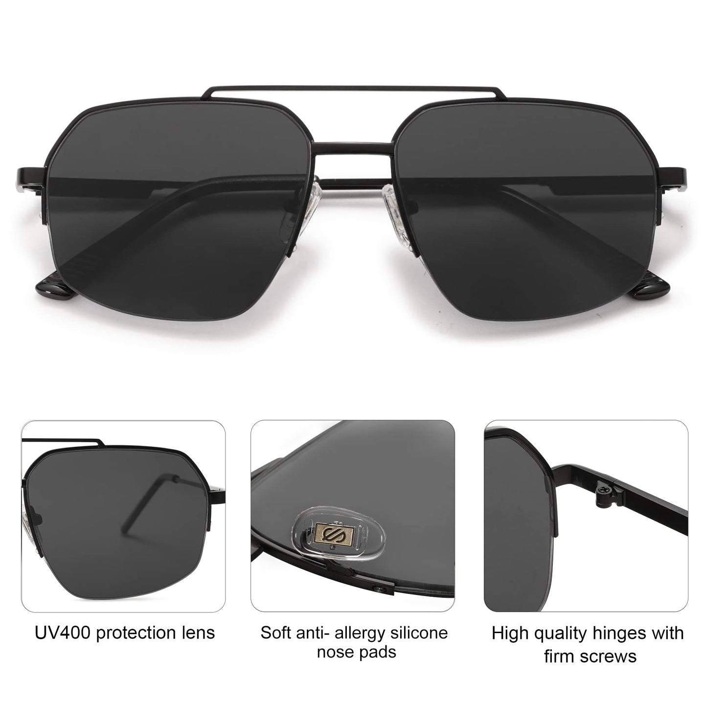 SOJOS Trendy Aviator Sunglasses Mens Womens Retro Double Bridge Metal Frame Semi-Rimless Shades Lentes De Sol Para Mujer SJ1191 Black