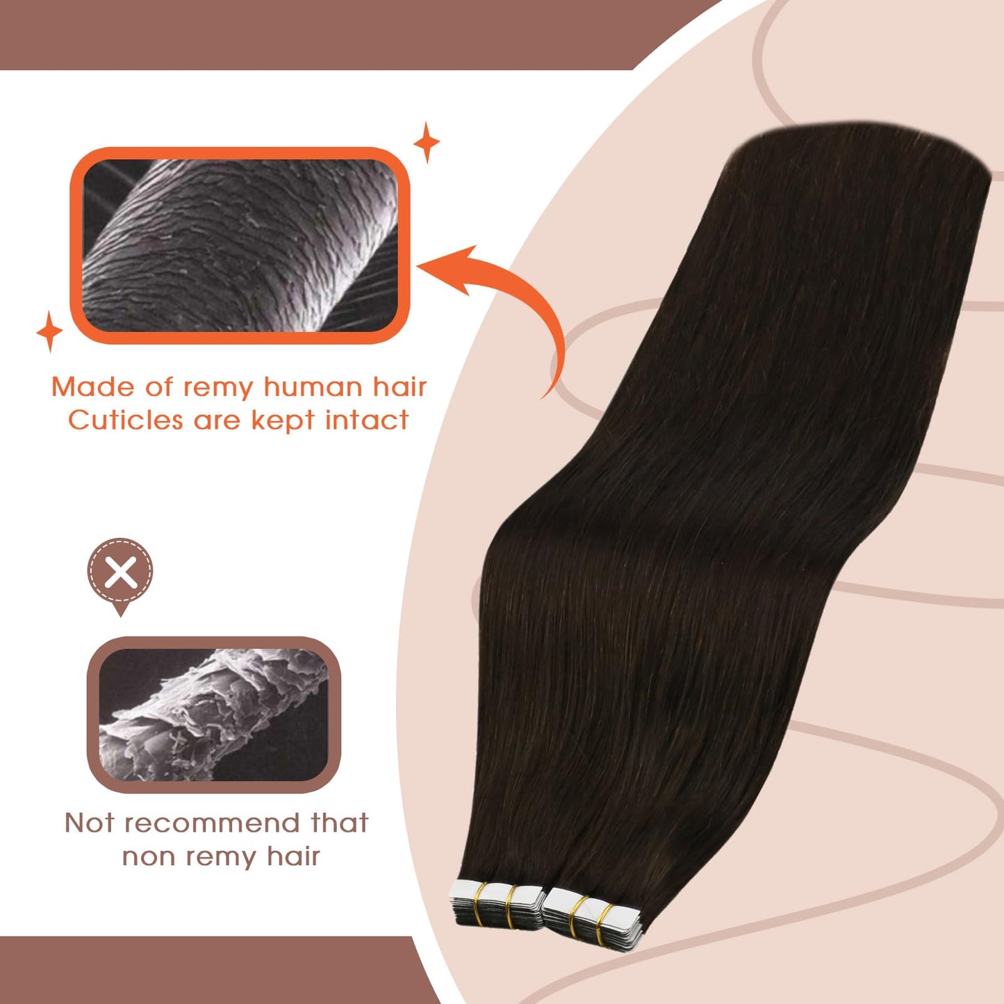 Sunny Hair Tape in Hair Extensions Real Human Hair Invisible Remy Hair Extensions Tape ins for Women Darkest Brown 22 inch 25G