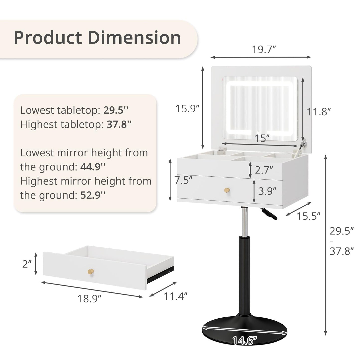 ARTETHYS Small Vanity Desk with Adjustable Height Rotating 3 in 1 Flip Top Makeup Vanity with Mirror and Lights Mini Corner White Dressing Table for Bedroom