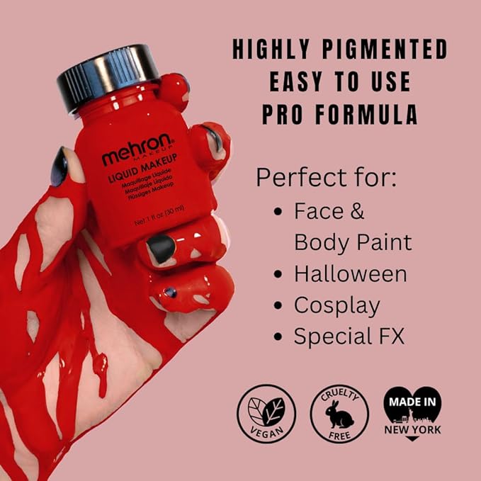 Mehron Makeup Liquid Makeup | Face Paint and Body Paint Perfect for Halloween, Cosplay I Air Brush Compatible Body Paint (1 oz) (RED)