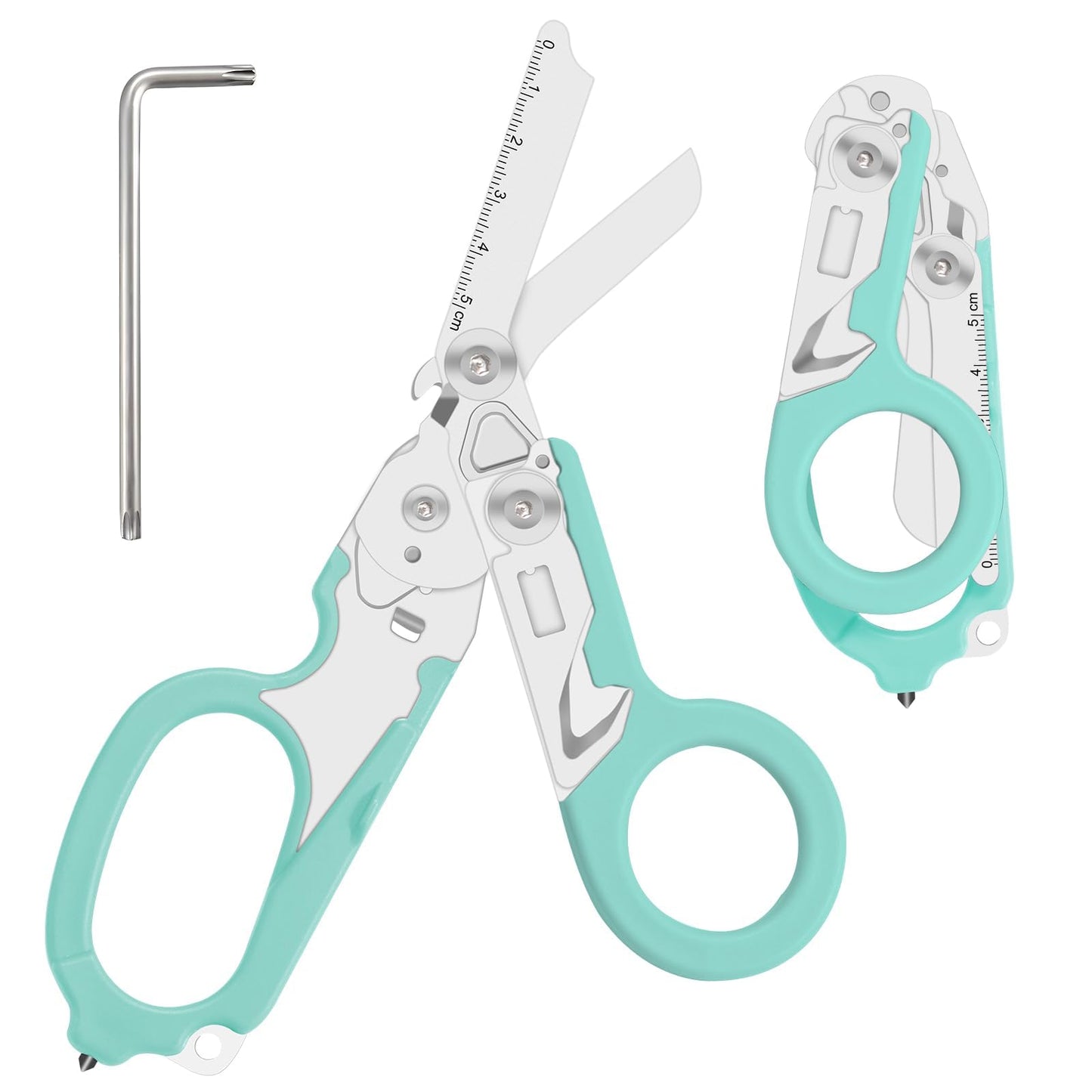 Lemasa 6-in-1 heavy-duty/trauma shears, Folding Retractable Emergency Shears, Outdoor Camping Tools, Seat Belt Cutter, Oxygen Cylinder Wrench, Complimentary Adjustable Wrench (Aqua blue)