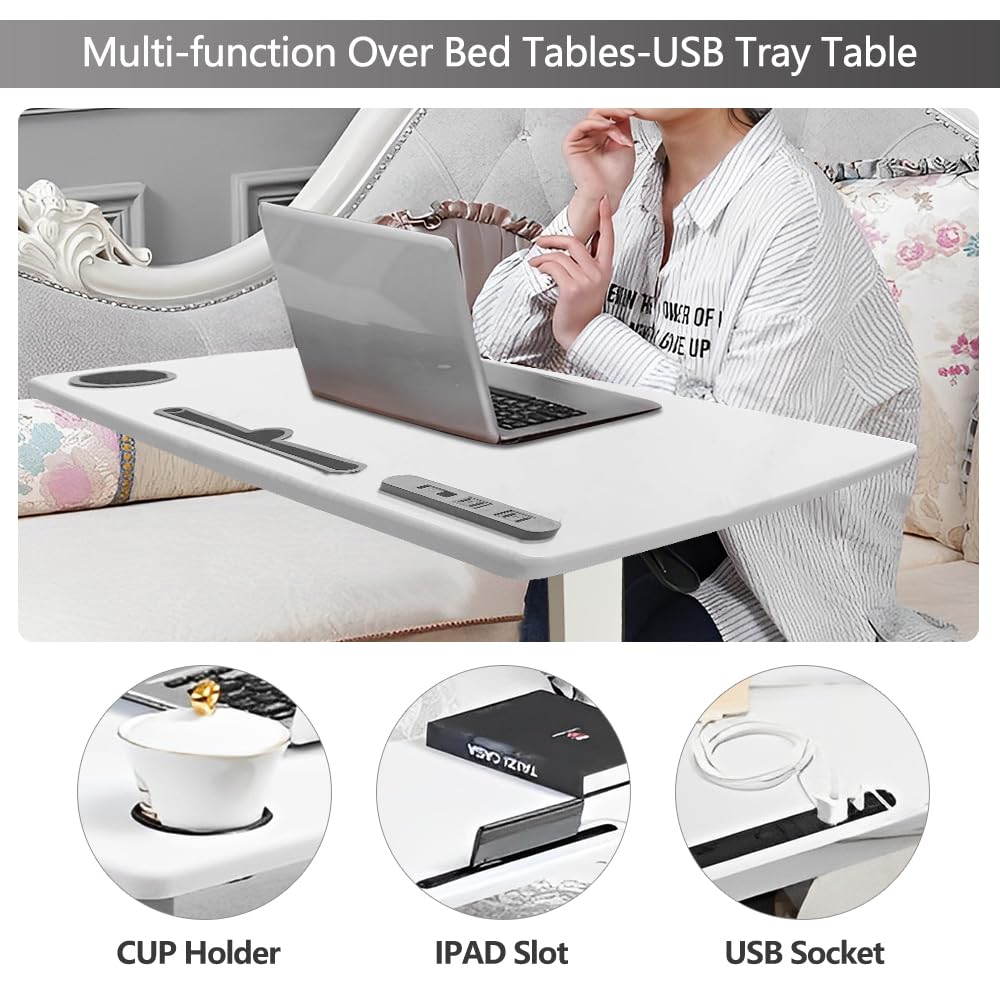 BeGyoku Overbed Table,Hospital Bed Table,Pneumatic Bed Tables Adjustable Over The Bed with Hidden Wheels&USB Port,Mobile Laptop Table Cart and Rolling Bedside Table with Tray Hospital Home Use-White1