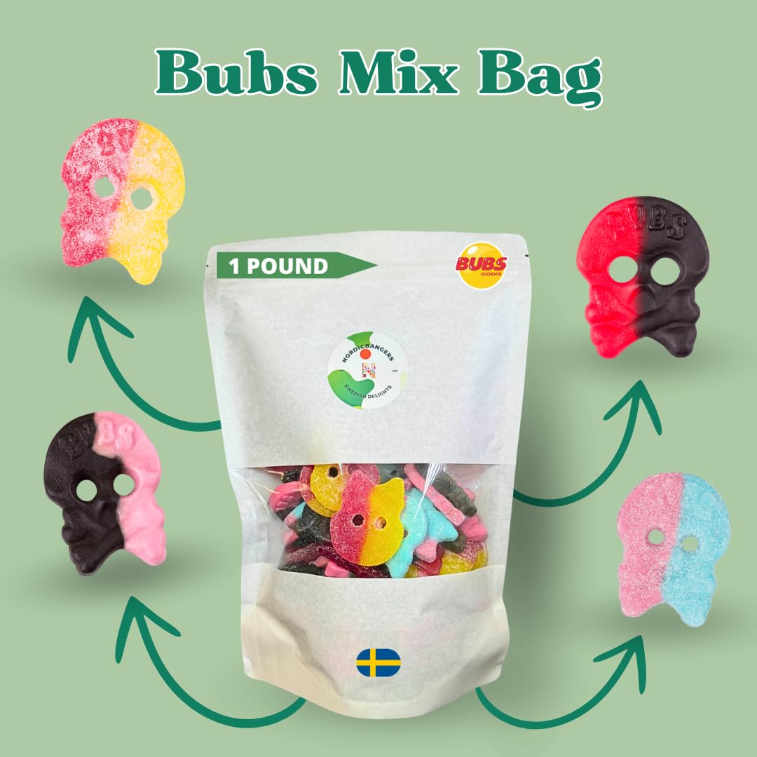 BUBS Skull Candy Mix – Dizzy Skulls, Giant Sour Skulls, Liquorice Raspberry Skulls & Foam Skulls, 1 LB Vegan Swedish Candy, Gummy Alternative, Sour Foam Sweets, TikTok Viral, Gluten-Free