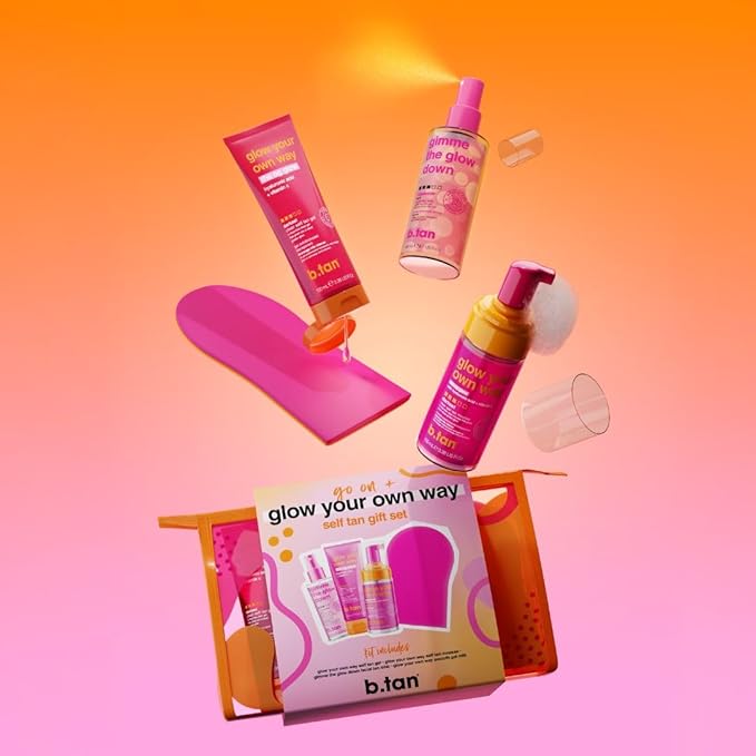 b.tan Clear Self Tanning Gel Travel Size Kit | Glow Your Own Way Gift Set - Includes Mini Dark Fake Tanner Mousse, Gradual Bronzing Face Mist, Express Transfer Free Tan Gel, & Applicator Mitt