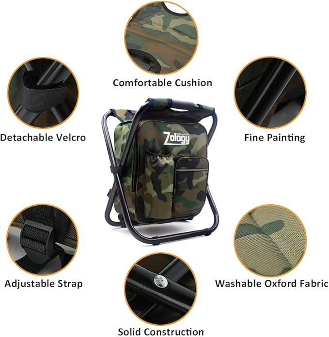 Zology Folding Camping Chair Stool Backpack with Cooler Insulated Picnic Bag, Hiking Camouflage Seat Table Bag Camping Gear, Outdoor Fishing Hunting Gifts for Men