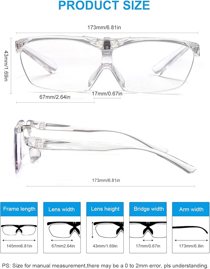 OKH 160% Magnifying Glasses, Flip Up Down Lens, Hands-Free Magnifier Eyeglasses for Close Work, Reading, Sewing, Jewelry Making, Craft, Hobby, Painting