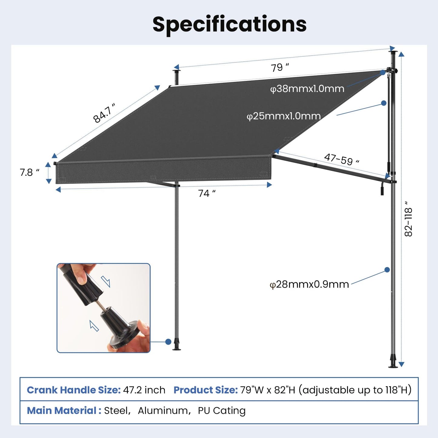 Grandekor Manual Retractable Awning,79"W x 118"H,No Drilling Outdoor Sun Shade Patio Awning,Adjustable Patio Door Window with UV 50+ Protection for Backyard,Garden,Balcony,Max Height 118",Carbon gray