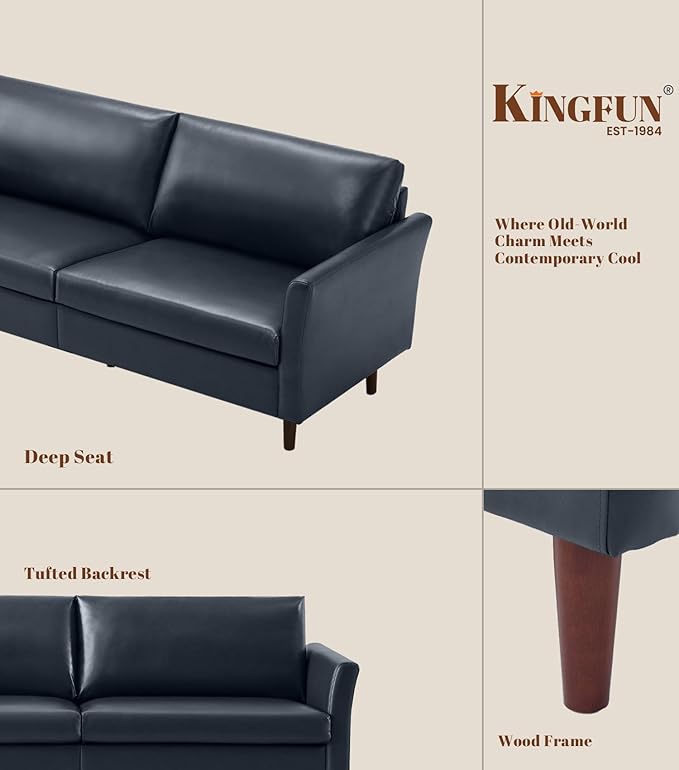 Kingfun Faux Leather 3 Seat Couch for Living Room, Mid Century Modern Sofa with Rolled Arms and Deep Seats, Fluffy Comfort for Apartment, Easy to Assemble, Blue