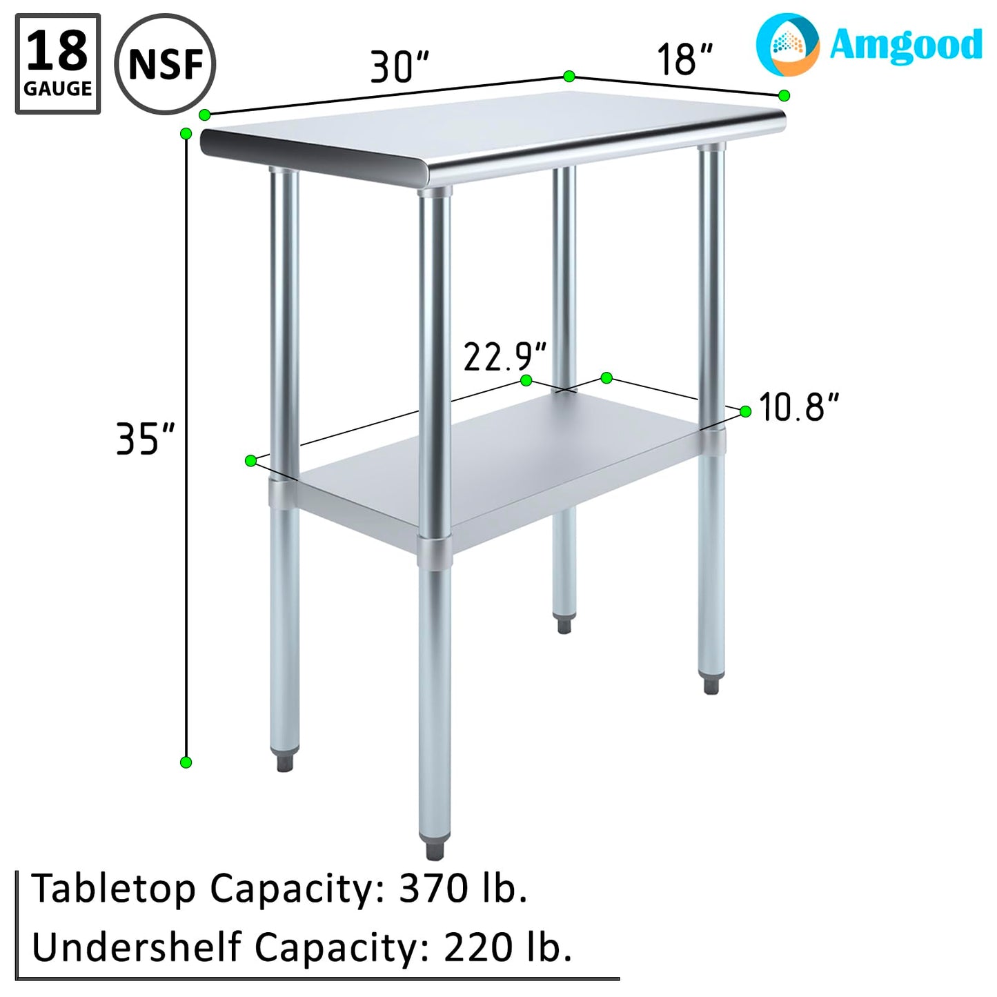 AmGood 18 in. x 30 in. Stainless Steel Work Table | Metal Kitchen Food Prep Table | NSF