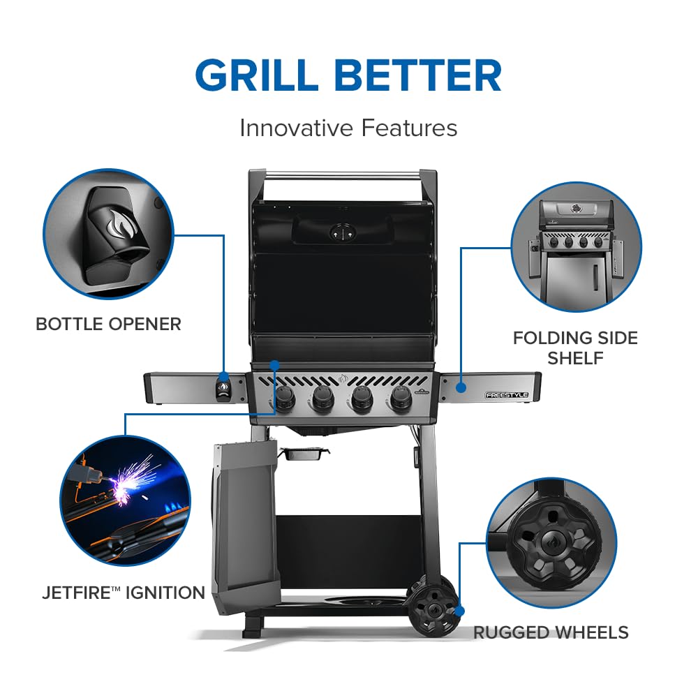 Napoleon Freestyle 425 Propane Gas Outdoor Grill, Graphite Grey – 4-Burner Backyard BBQ for Home Grilling