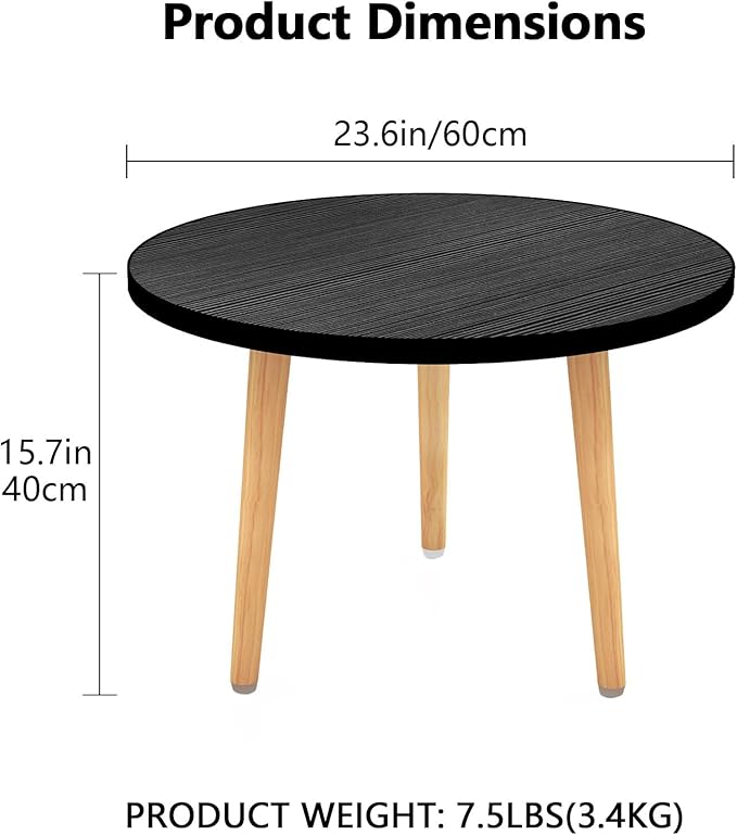 Funecy Round Coffee Table Low Table with 3 Solid Wood Sturdy Legs, Floor Table Desk for Sitting on The Floor, Storage and Living Room Furniture (Black)