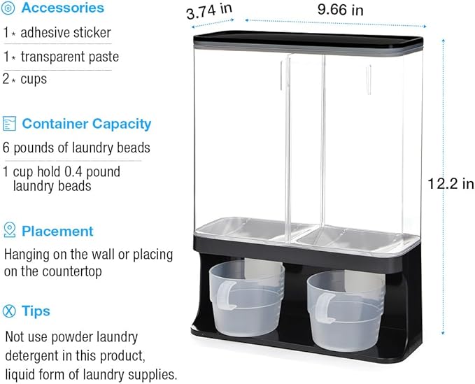 Conworld Laundry Detergent Dispenser, Wall-Mounted Scent Booster Beads Dispenser for Laundry Organizer, Laundry Beads Container, Rice Dispenser, Black