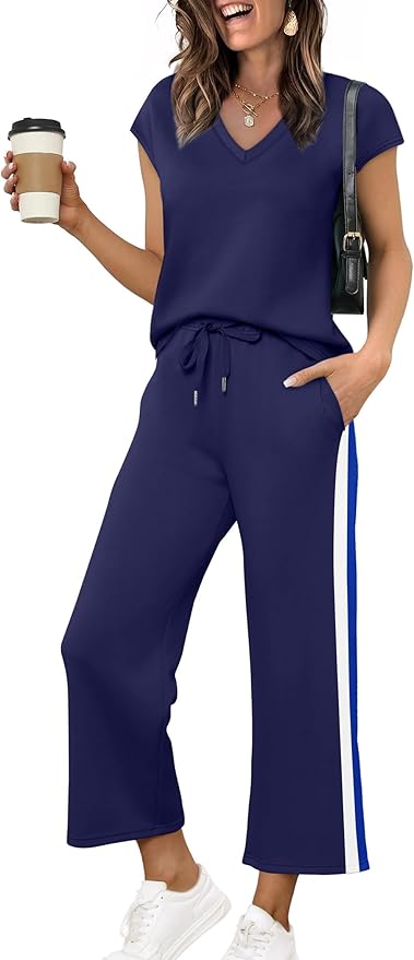 Saloogoe Two Piece Sets for Women Summer Outfits Lounge Sets V Neck Tops Wide Leg Pants Woman Vacation Travel Outfits