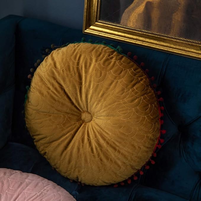 vctops Velvet Soft Round Chair Pads Cute Gradient Pom Pom Indoor Dining Chairs Cushion (Yellow, Diameter 16")