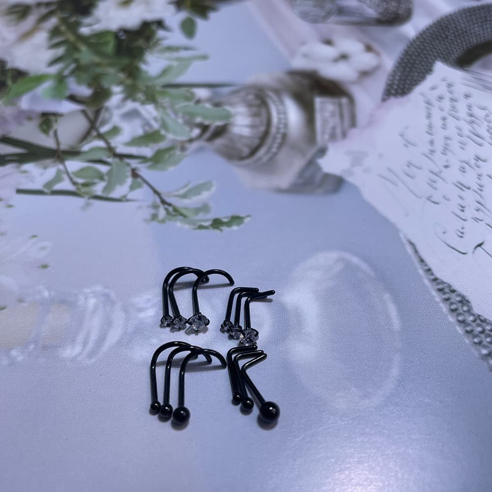 Renkovte 12Pcs Black Nose Rings Set: Titanium Stainless Steel, Hypoallergenic, 20g, 1.5-3mm, L Shape & Corkscrew Nose Studs