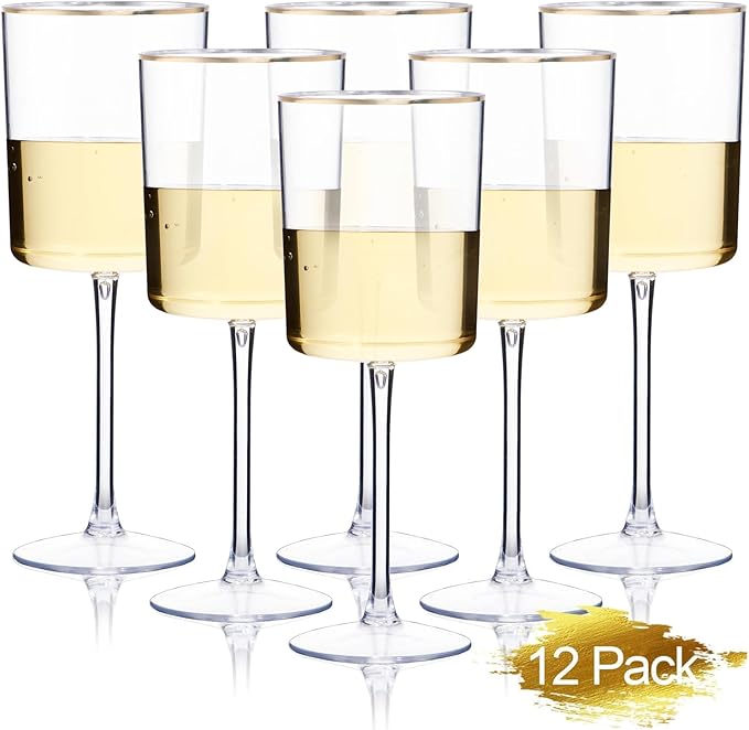 Ciaell 12 Pack Plastic Wine Glasses - 10 Oz Plastic Wine Glasses with Stem - Gold Rim Disposable Cups for Parties & Weddin...