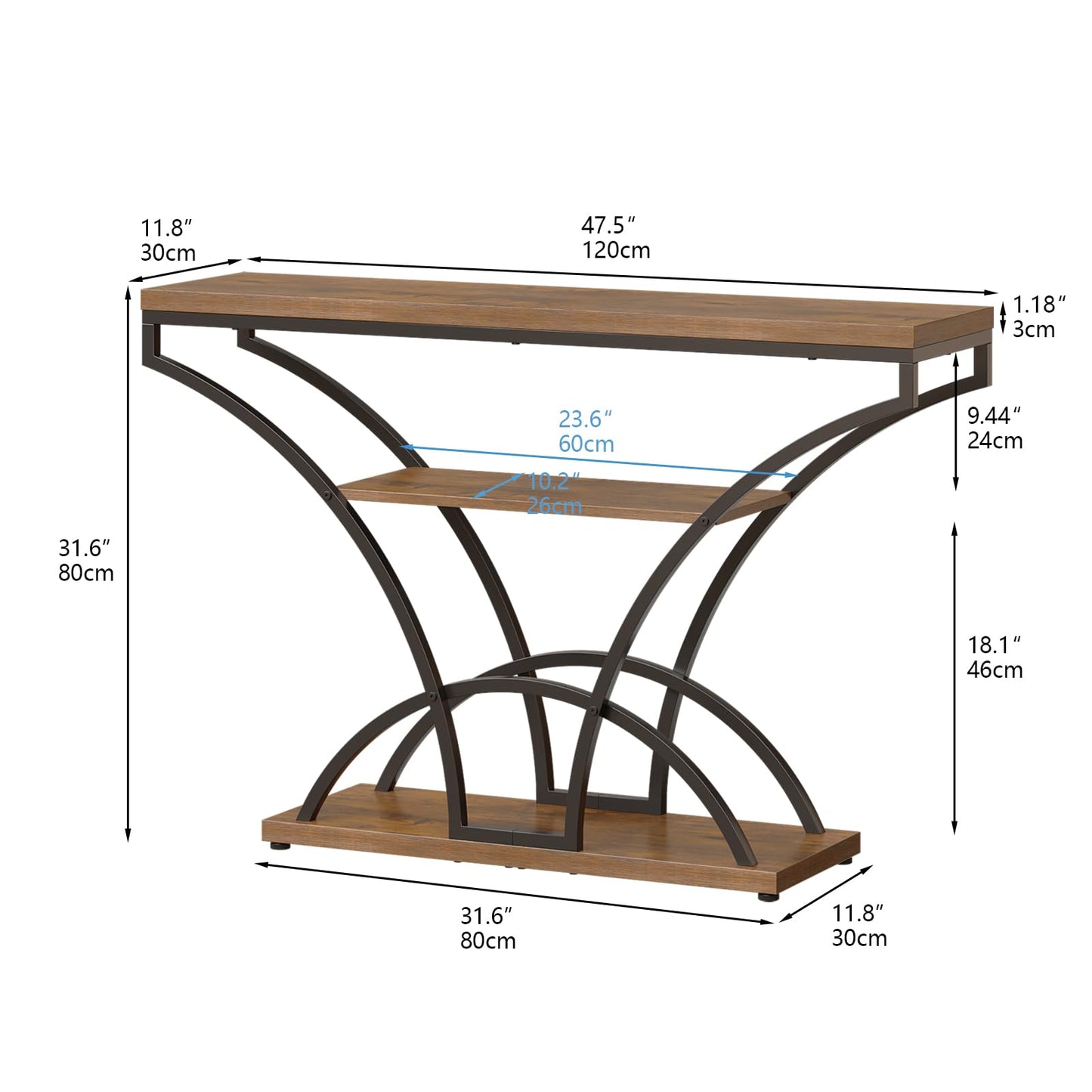 Espelism 47.2" Console Table for Entryway, 3-Tier Narrow Sofa Table with Curved Frame, Industrial Rustic Wood Accent Table with Storage Shelves for Hallway, Living Room, Foyer (Brown, 47.2")