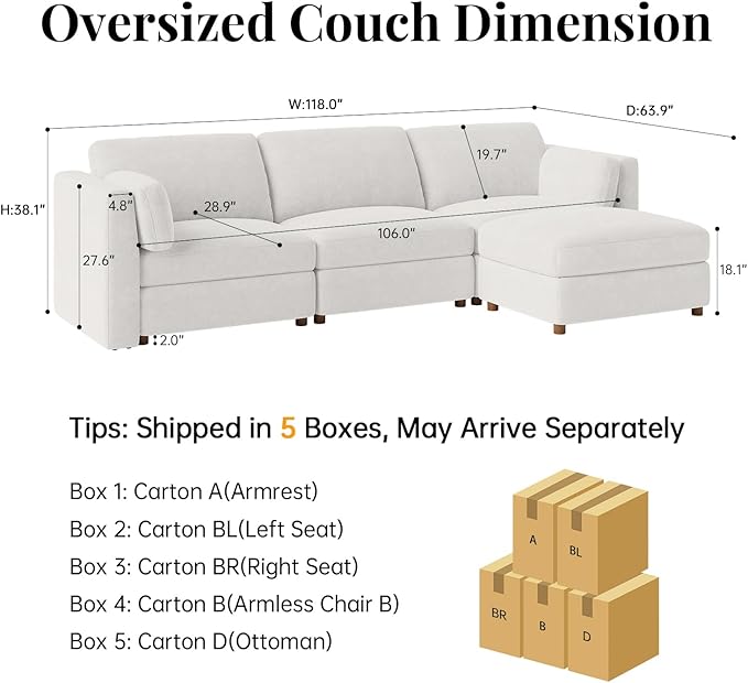 CUGOAO 118'' Modular Sectional Sofa, Oversized L-Shaped Sectional Couch with Ottoman, Deep Seat Chenille Cloud Couch, Mordern Upholstered Couches for Living Room, Apartment, Office, Beige