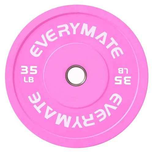 EVERYMATE Pink 35LB Olympic Bumper Plates - Grip Weight Plates for Strength Training & Crossfit - Steel Inserts - Fit 2" Barbells - Virgin Rubber Weights