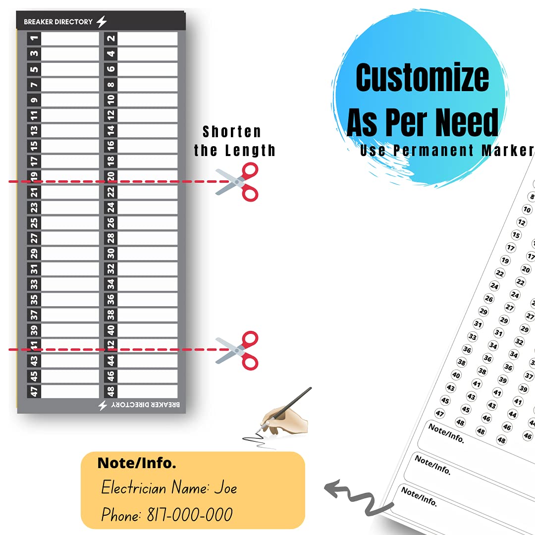 Premium Quality Non-Tearable Vinyl Paper Circuit Breaker Directory Label with Fuse Stickers for Fuse Panel, Marker Sign for Electrical Panel. Strong Adhesive. Up to 48 Entries. House or Commercial Use