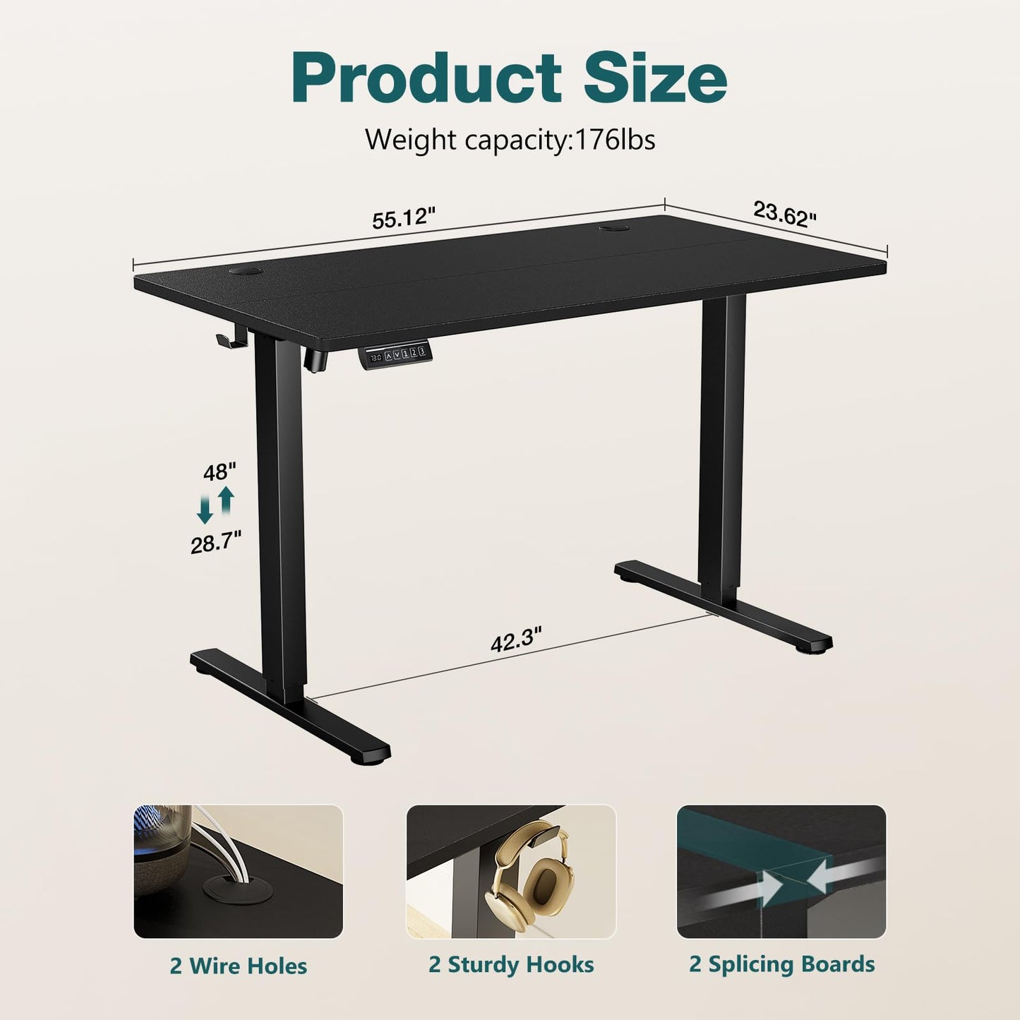 Sweetcrispy Electric Standing Desk Adjustable Height, 55x24 Inch Sit Stand Up Home Office Desks Memory Computer Workstation PC Work Table with Preset Splice Wood Board Metal Frame, Black