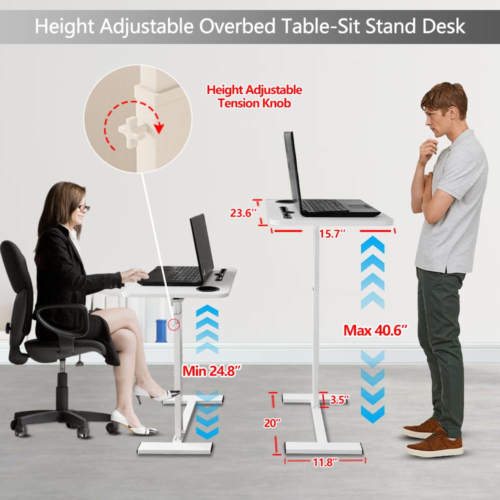BeGyoku Overbed Table,Over The Bed Table with Hidden Wheels&Cup Holder,Adjustable Bedside Table and Rolling Table Tray&Laptop Cart,Hospital Table Over Bed for Home Use-White