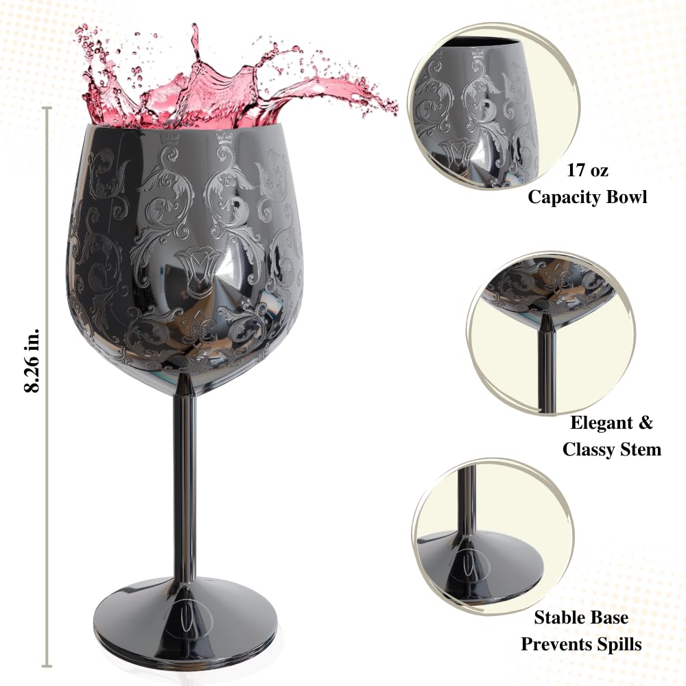 vaanshie 17oz Stainless Steel Wine Glasses [Set of 2] – Black Royal Goblets with Intricate Baroque Engravings, Unbreakable and Shatterproof Wine Cups with Bottle Stopper Ideal for Mother's Day Gift